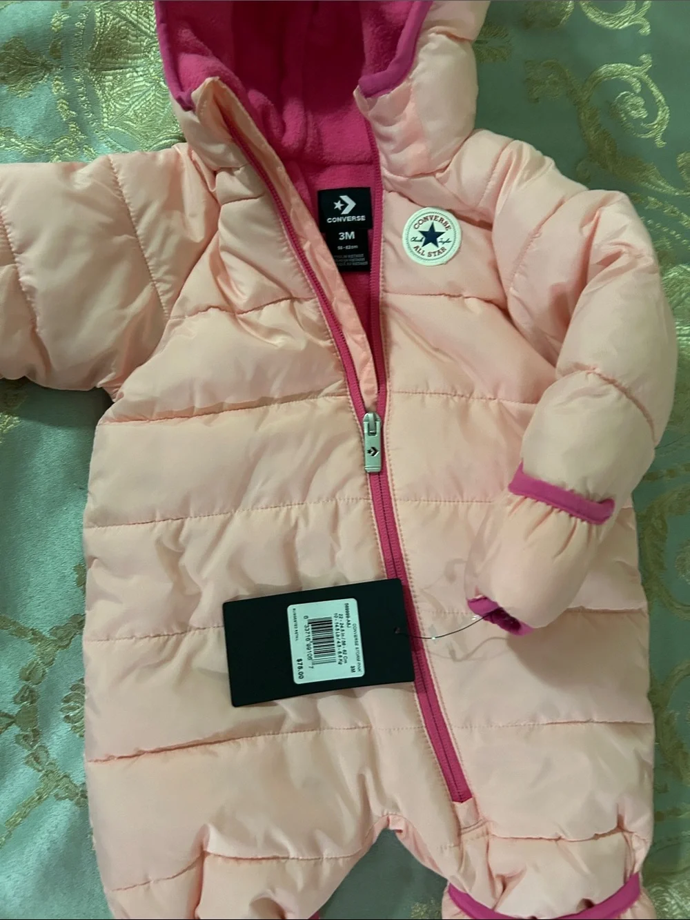 Converse Light Pink Baby Puffer Snowsuit with Hot Pink Lining